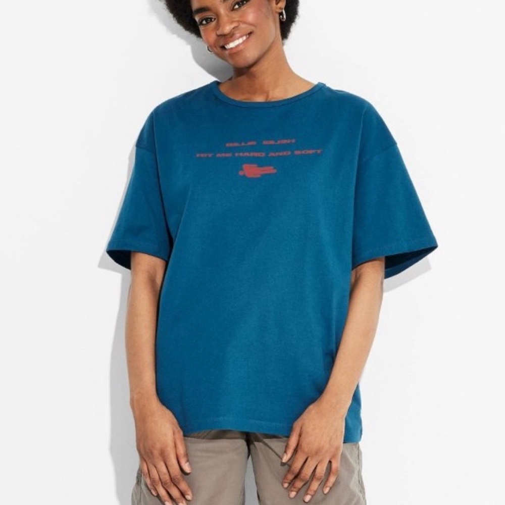 New Large Blue Billie Eilish Hit Me Hard and Soft Oversized Graphic T Shirt